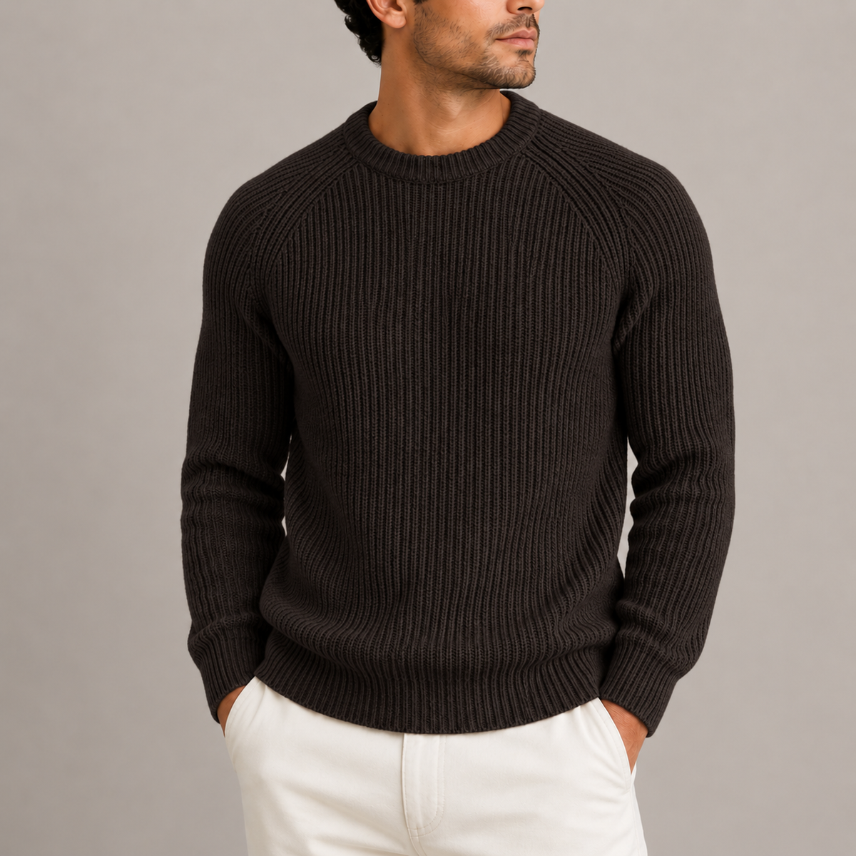Men's heavyweight fisherman rib crew neck jumper in brown