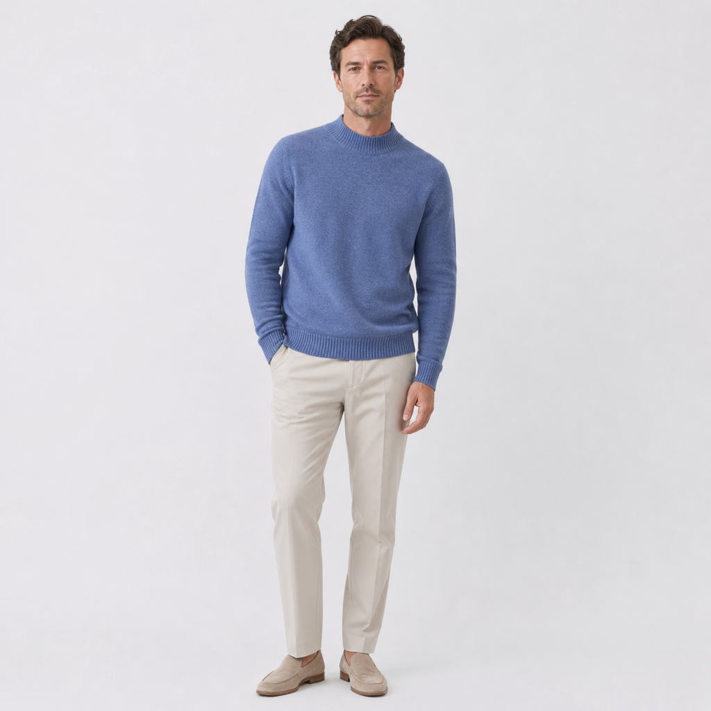 Men's pure wool roll-neck sweater in blue