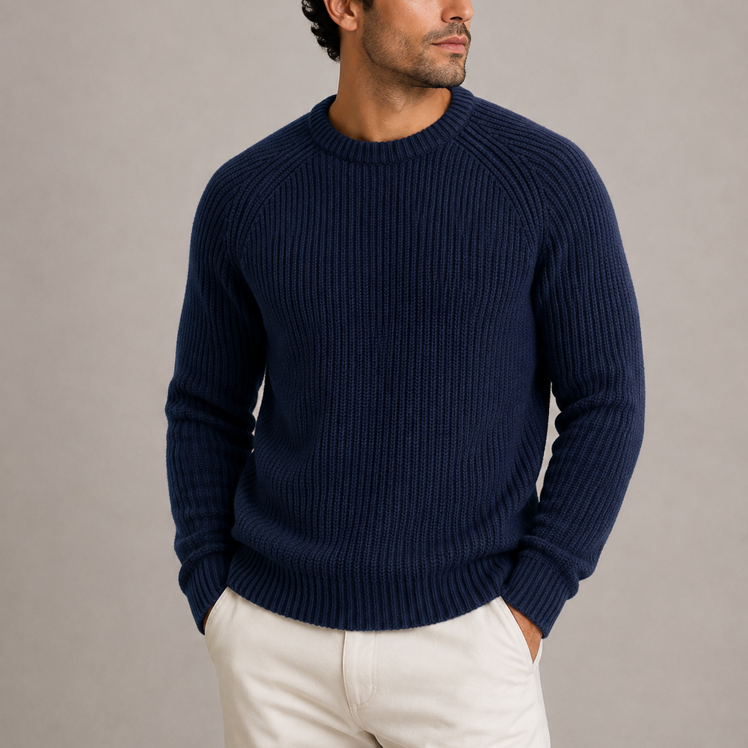 Men's heavyweight fisherman rib crew neck jumper in navy