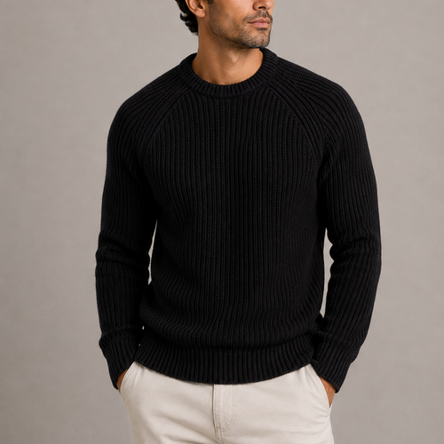 Men's heavyweight fisherman rib crew neck jumper in black