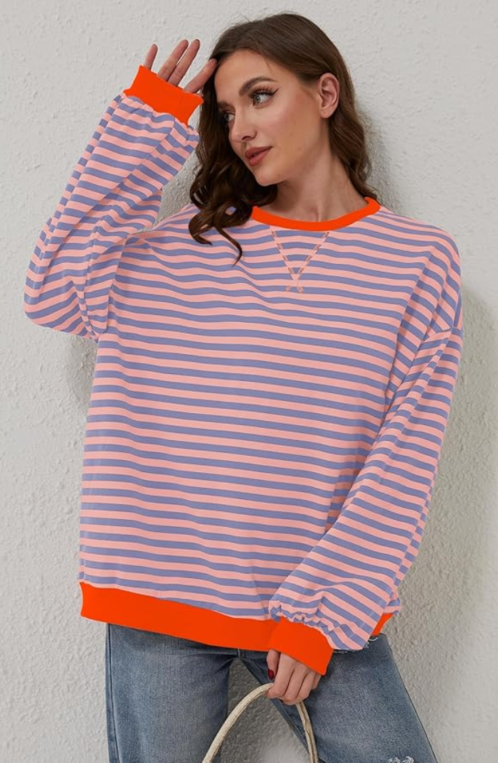 Women's oversized striped sweatshirt with contrast trim in orange & blue