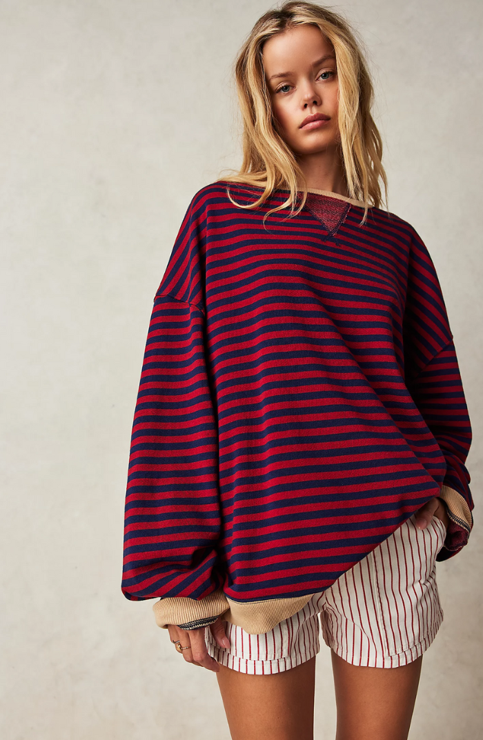 Women's oversized striped sweatshirt with contrast trim in black & red