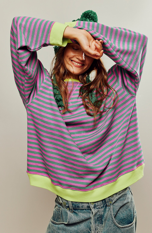 Women's oversized striped sweatshirt with contrast trim in green & pink