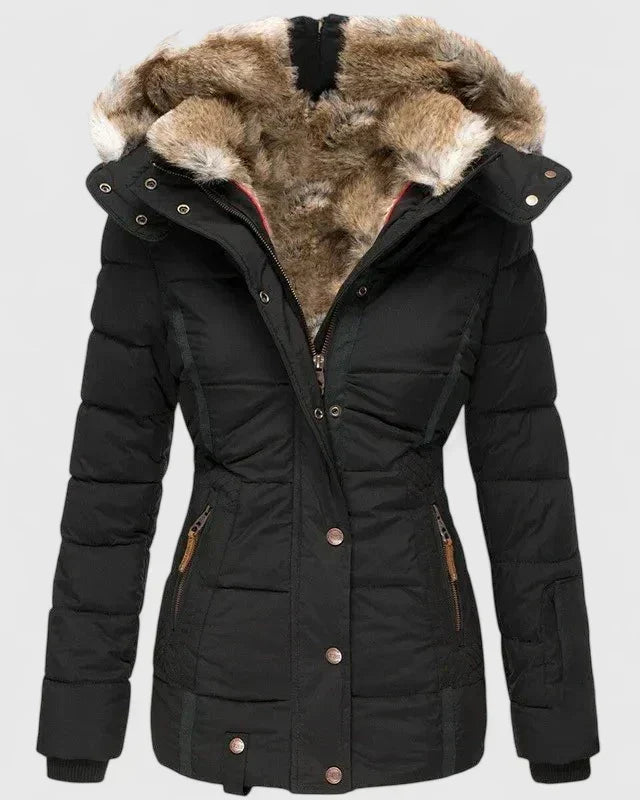 Women's quilted winter coat with plush-lined hood in black