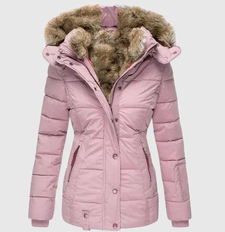 Women's quilted winter coat with plush-lined hood in pink