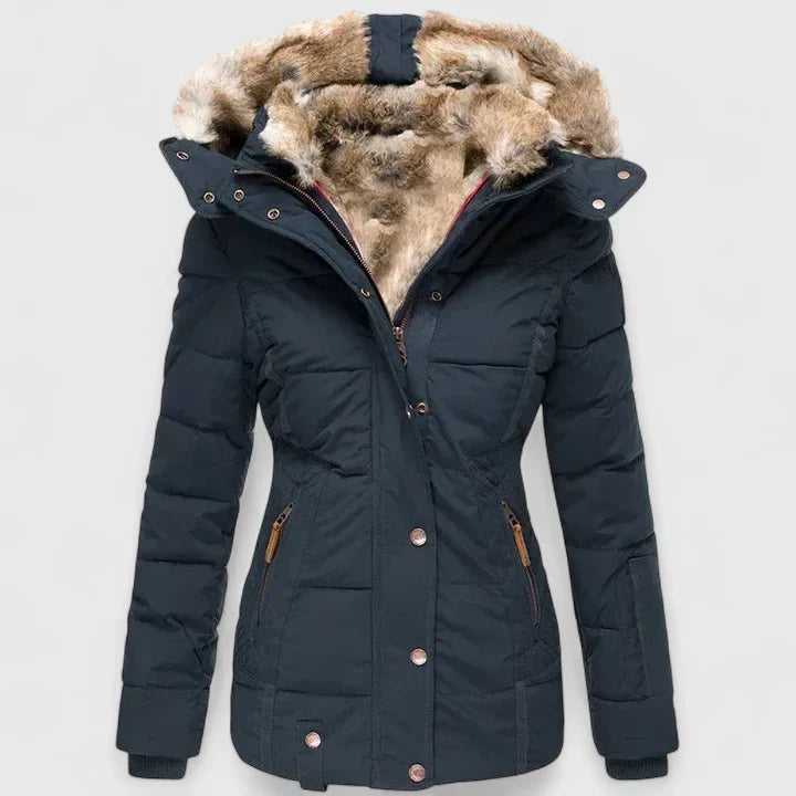 Women's quilted winter coat with plush-lined hood in blue