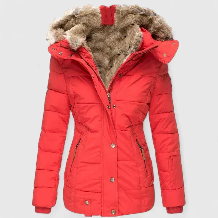 Women's quilted winter coat with plush-lined hood in red