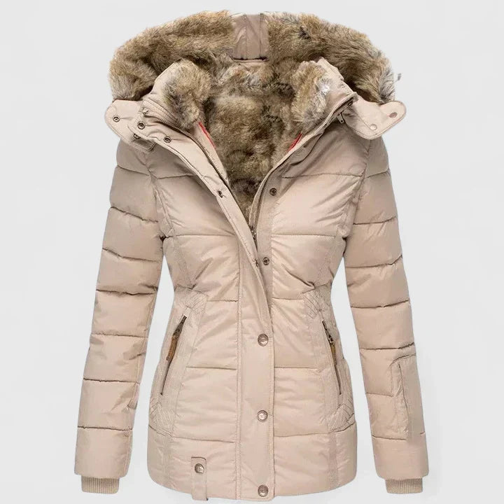 Women's quilted winter coat with plush-lined hood in beige