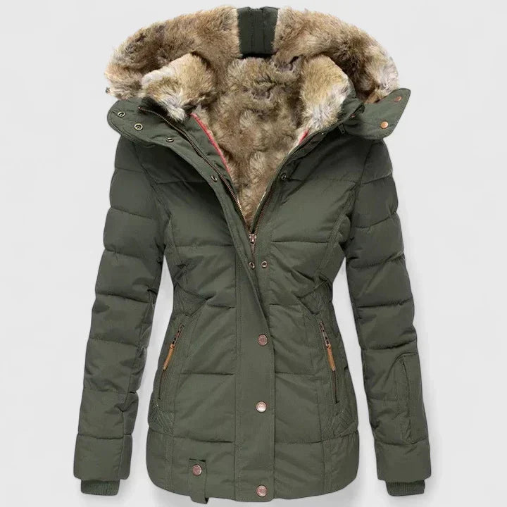 Women's quilted winter coat with plush-lined hood in green