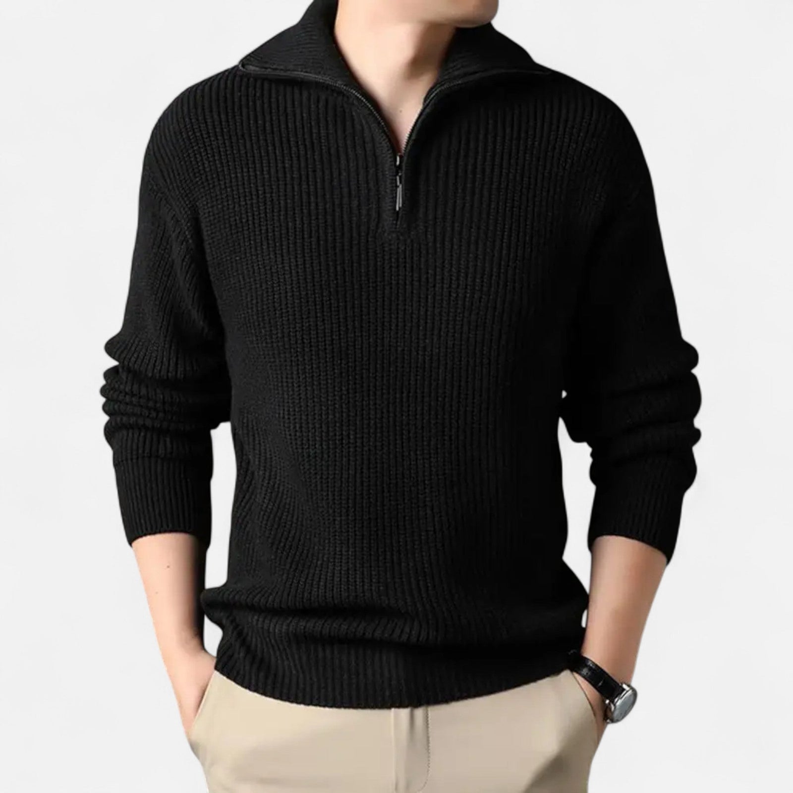 Wool-blend half-zip sweater collar detail