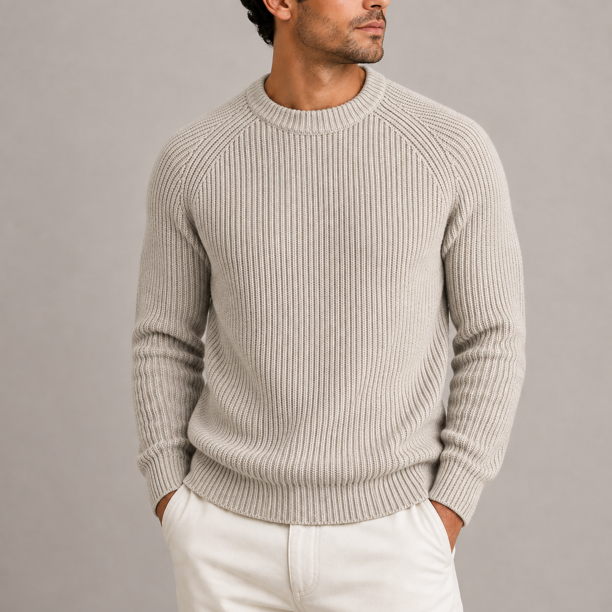 Men's heavyweight fisherman rib crew neck jumper in apricot